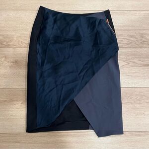 Cedric Charlier Black Navy Wool Blend Italian Asymmetrical Pencil Skirt Size 4
